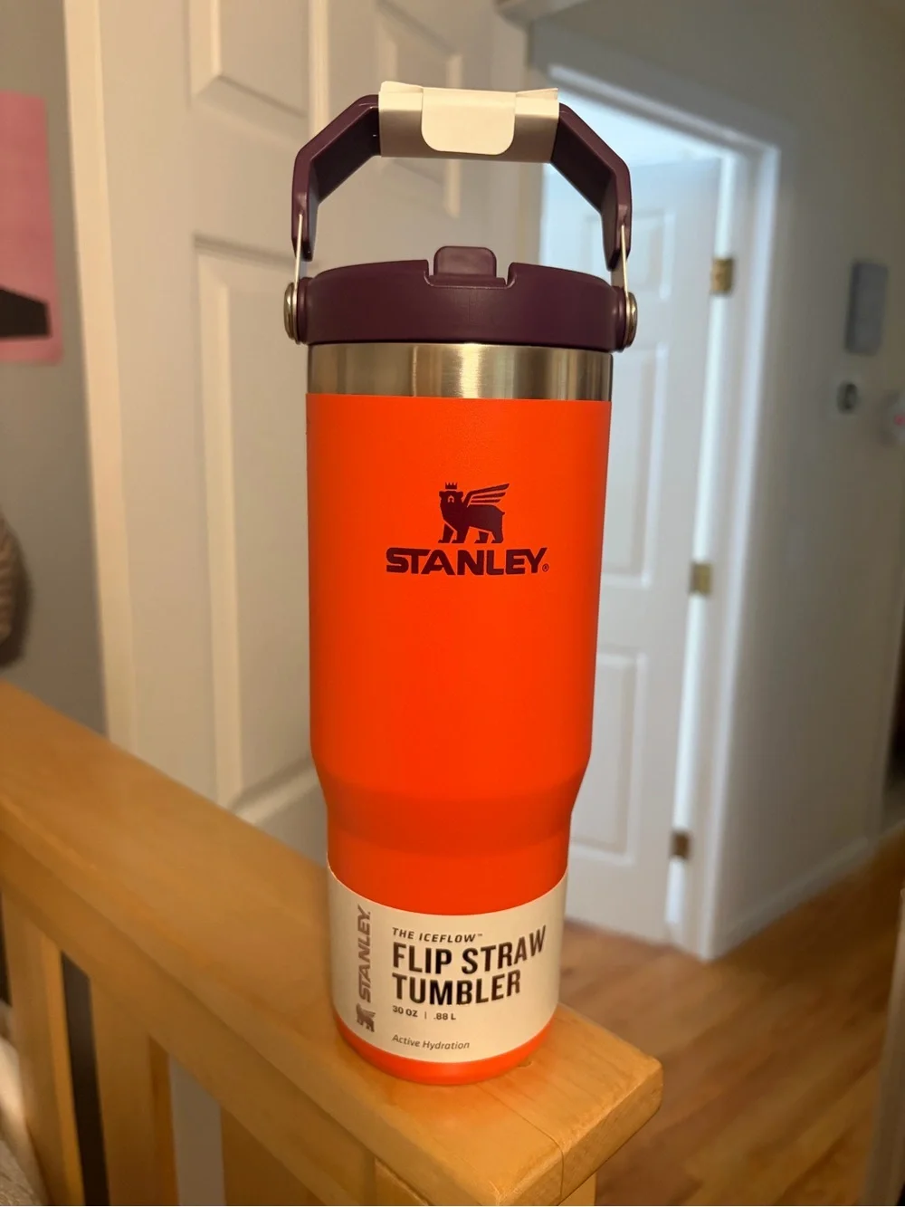 Stanley Orange Tumbler with Purple Handle and Lid